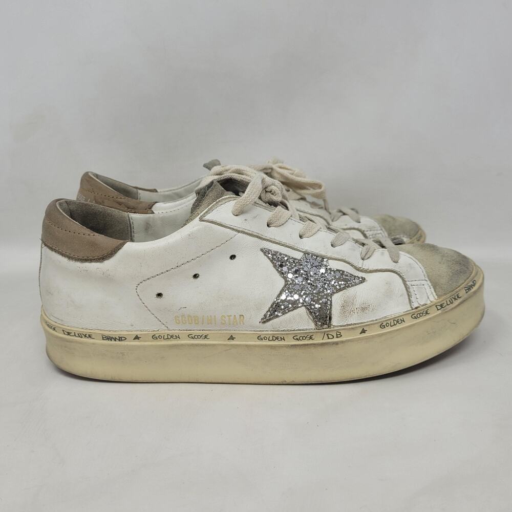 Golden Goose Hi Star Shoes Womens US8 EU38 White Leather Glitter Star Sneaker - Picture 2 of 16
